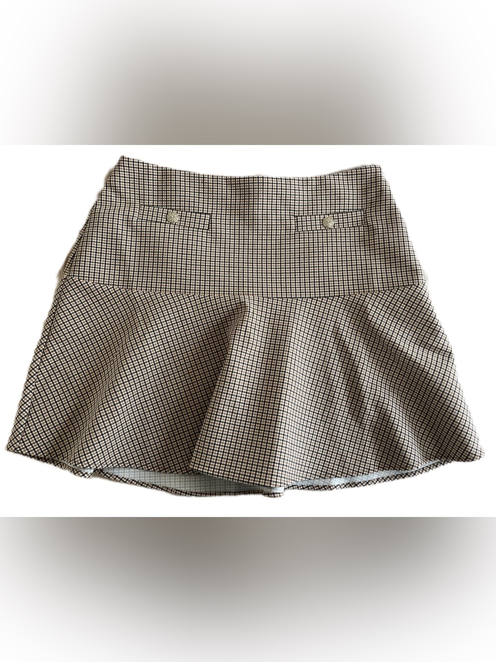 LOFT Size 10 Black Tan Plaid Flounce Mini Skirt Academic Gold Buttons